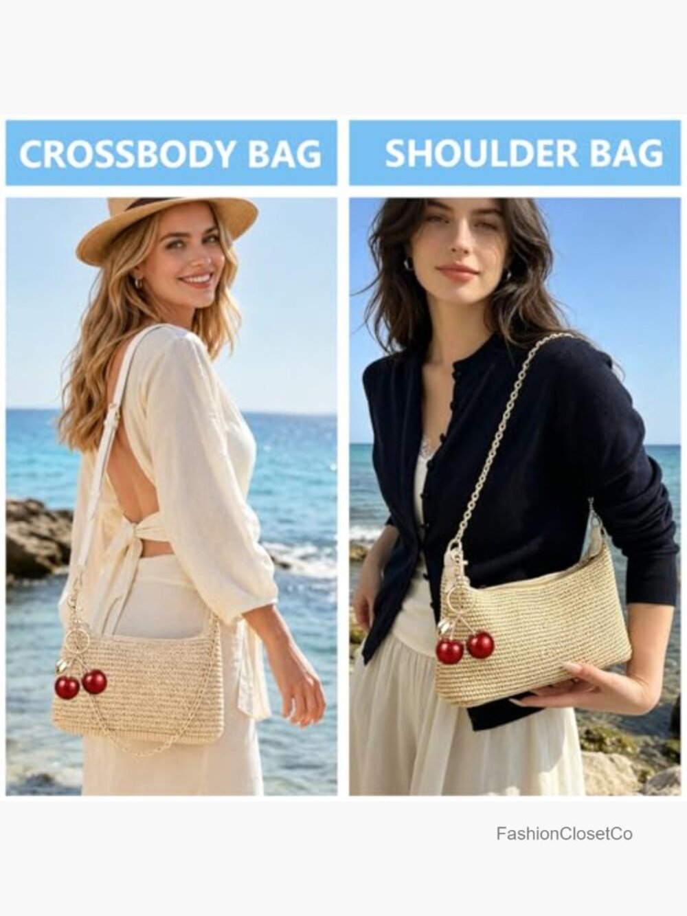 Straw Shoulder Bag with Cherry Pendant, Woven Crossbody Purse with Zipper - Picture 2 of 6